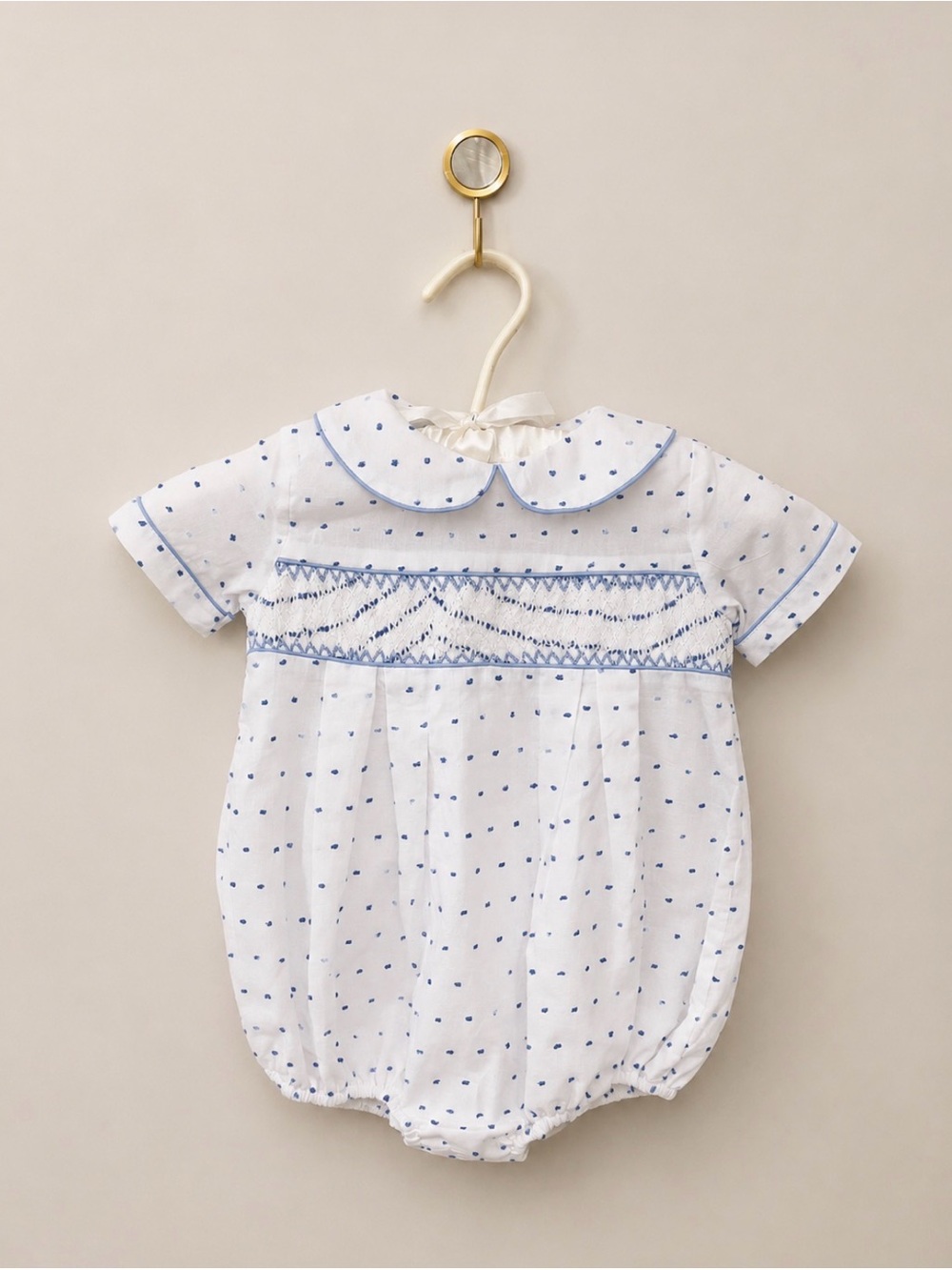 Smocked Flamingo | Blue and White Polka Dot Bubble with Peter Pan Collar